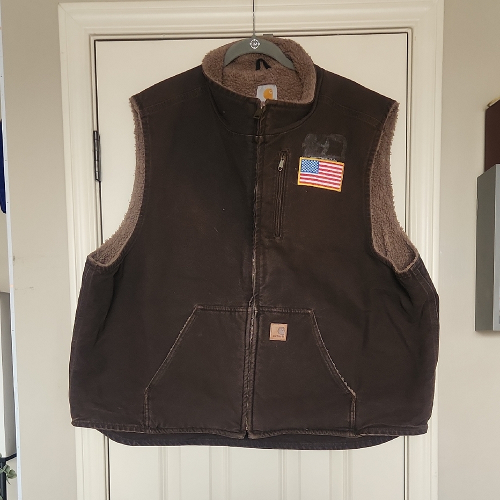 Carhartt Brown Quilted Sherpa-Lined Work Vest with American Flag Patch